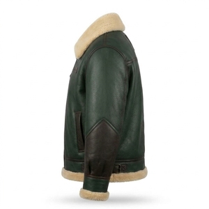 Mens <b>Dark</b> <b>Forest</b> Green Shearling Leather Jacket Cream Fleece Lapel Collar Brown Contrast Patch Sleeve Heavyweight Winter Warm - Product Image 4