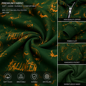 Custom Green Halloween Full Zip Face Mask Hoodie All Over Pumpkin Bat Print Oversized Streetwear Hoodie Unisex Winter Fashion - Product Image 5