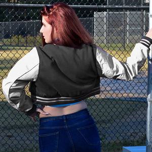 Chaqueta Corta Estilo Universitaria para Mujer, Chaqueta Bomber Negra y Blanca con Letras, Mangas de Cuero Sintético, Ropa Exterior Informal, Moda Femenina - Product Image 5