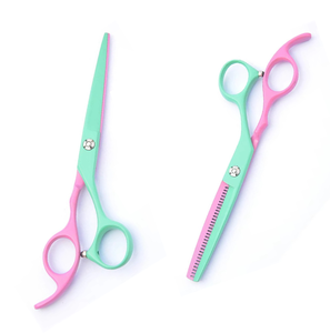 Ciseaux à cheveux rose et vert à pointe arrondie, lame en acier inoxydable, manche long, pour droitiers, ciseaux de barbier professionnels - Product Image 1