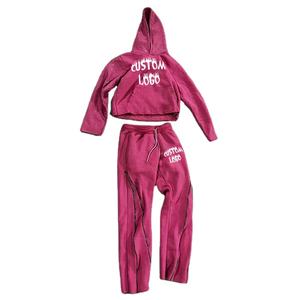 Ensembles de pantalons de survêtement évasés pulls à capuche courts unisexe avec impression de logo personnalisé survêtement d'hiver uni à bandes latérales pour hommes - Product Image 2