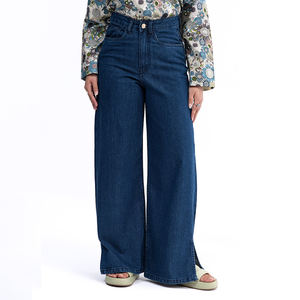 Jean taille haute respirant personnalisé pour femme, coupe décontractée à jambe large avec poches, style streetwear chic - Product Image 1