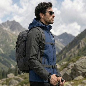 Men's Waterproof Hooded Hiking <b>Jacket</b> Blue With Custom Logo Front Zipper Sporty Autumn Wear Hiking <b>Jacket</b> for men - Product Image 3