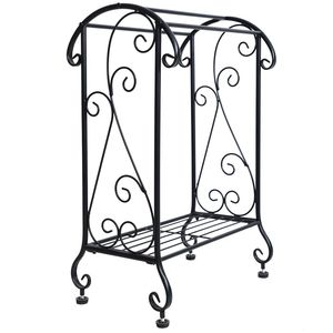 Portasciugamani da bagno moderno autoportante in ottone e ferro con ripiano, nero - Product Image 1