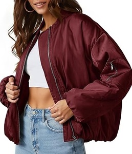 Plain Maroon Color Zip Up Women Bomber <b>Jacket</b> Loose Plus Size <b>Crop</b> Tops Zipper Closure Outerwear Breathable Ladies Bomber <b>Jacket</b> - Product Image 2