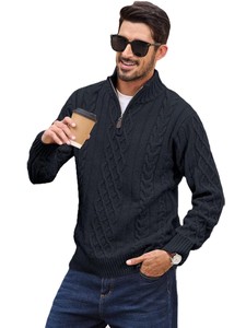 Men's Navy Blue <b>Cable</b> <b>Knit</b> Quarter Zip <b>Sweater</b> Regular Fit Wool Solid Color Casual Winter Pullover Stand Collar Anti-Pilling - Product Image 4