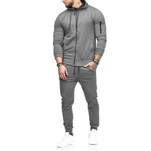 Conjunto Deportivo Informal para Hombre, Sudadera con Capucha Gris, Cierre de Cremallera Completa, Pantalones Deportivos, Ropa Deportiva Transpirable de Poliéster - Product Image 1