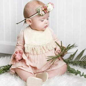 Cute Princess <b>Boho</b> Beige Infant Lace Ruffle <b>Dress</b> With Matching Diaper Cover & Full Sleeves Crafted With Soft Breathable Fabric - Product Image 1