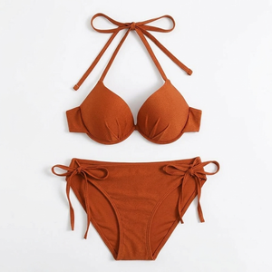 Ensemble bikini deux pièces taille haute pour femme, motif à carreaux, effet ventre plat, col carré, bordure contrastante, couleur crème, vente en gros - Product Image 4