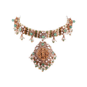 Joyería india artesanal de lujo con collar Kundan de plata de ley 925 Gajaah y colgante de esmalte de rubí chapado en oro - Product Image 1