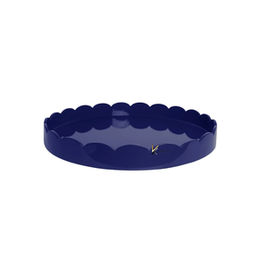 Plateau de service élégant et écologique bleu marine à motif floral, bord festonné, qualité commerciale durable, finition laquée haute brillance - Product Image 1