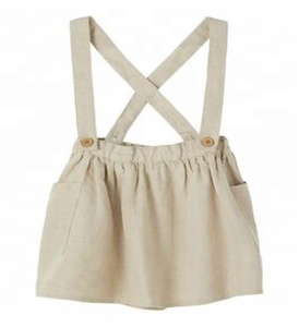 Cute Beige Pinafore Dress With Adjustable Waist Side Pockets & <b>Suspenders</b> With Button Fastening Crafted From Soft Linen Fabric - Product Image 2