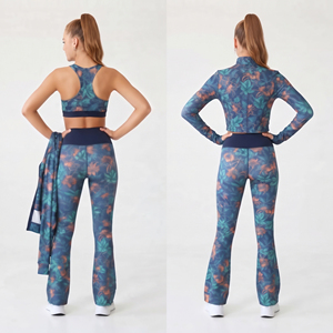 Women Floral Print Yoga Sports Bra <b>Flare</b> <b>Leggings</b> Full Length Sleeveless Racerback Crop Jacket 3 Piece Compression <b>Gym</b> Set - Product Image 2
