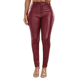 Pantalones Rectos de Cintura Alta para Mujer, de Cuero Sintético, Color Sólido, Largos, Ajustados, Elásticos, Estilo Club, para Otoño - Product Image 1