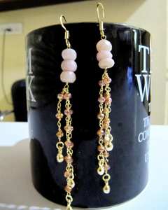 Boucles d'oreilles pendantes faites à la main en pierre de lune pêche naturelle, perles facettées rondelles de 7-8 mm, plaquées or - Product Image 2