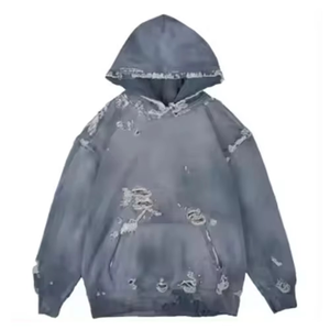 Sudadera con capucha extragrande para hombre con cremallera, diseño tie-dye, efecto desgastado, de algodón tejido, estilo urbano de invierno, corte regular, con bolsillos - Product Image 3