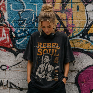 เสื้อยืดคอกลมโอเวอร์ไซส์พิมพ์ลายวินเทจสไตล์เรเบลโซลสำหรับผู้หญิง ทรงหลวม แขนสั้น ผ้าเจอร์ซีย์คอตตอน 100% - Product Image 3