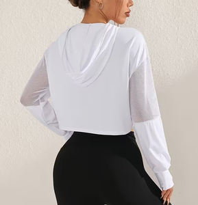 White Women's Hooded Crop Top Long Sleeve Mesh Panel Breathable Casual Sweatshirt Summer Knitted Solid Color - Product Image 4
