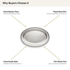 Plateau à poisson ovale fait main en acier inoxydable 304 de 40 cm, finition satinée et bord martelé, pour la décoration intérieure, les hôtels et les mariages - Product Image 5