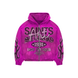 Sweat à capuche zippé surdimensionné personnalisé pour homme Saints Global, en molleton de coton, style streetwear, avec logo avant en strass embossé, bleu, vêtement d'hiver, USA - Product Image 6