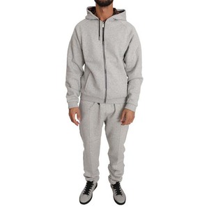 Survêtement gris à capuche pour homme, fermeture éclair intégrale, coupe décontractée, couleur unie, poches latérales, idéal pour l'automne, 100 % coton, poids moyen - Product Image 1