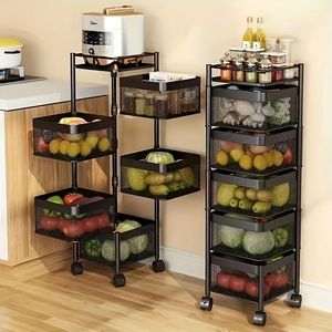 Carrello portafrutta e verdura a 5 ripiani girevole in metallo, carrello da cucina multiuso con ruote, isola cucina a più livelli - Product Image 1