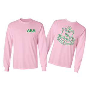 Camiseta de manga larga AKA World Famous Crest, color rosa claro y verde, con estampado gráfico, ropa de hermandad, top informal de algodón con cuello redondo - Product Image 1
