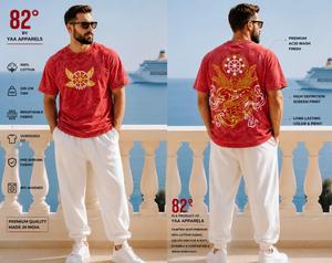 82 °   Camiseta de Algodón Roja Extra Grande para Hombre de YAA APPARELS con Estampado de Dragón, Acabado Lavado Ácido, Diseño Casual de Manga Corta y Cuello Redondo - Product Image 1