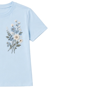 เสื้อยืดคอกลมผ้าฝ้ายปักลายดอกไม้สีขาวสำหรับผู้หญิง สีฟ้าสกายบลู สั่งทำได้ พรีเมียม แฟชั่นฤดูร้อน แขนสั้น สไตล์ลำลอง รับผลิตแบบ OEM - Product Image 4