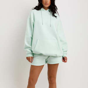 Conjunto de Sudadera con Capucha y Pantalones Cortos Extra Grandes para Mujer, Color Sólido, Felpa de Algodón, Dos Piezas, Ropa Casual para Estar en Casa, Estilo Otoñal - Product Image 3