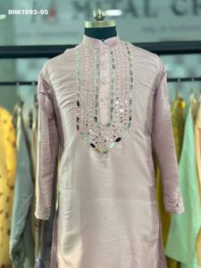 Best Quality Pure Silk with Yoke & Sleeve Boder Mirror-work Full-Sleeve & Knee-Length <b>Kurta</b>-Payjama Collection Wholesale Supply - Product Image 5