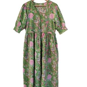 ชุดเดรสพิมพ์ลายด้วยมือ ชุดเดรสฤดูร้อน ชุดเดรสผ้าฝ้ายอินเดีย คอวี แขนยาว ลายดอกไม้ ชุดเดรสยาวแม็กซี่สำหรับผู้หญิง - Product Image 1