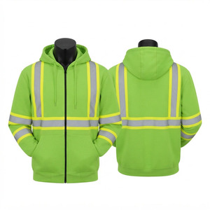 Heavy 330g Cotton Fleece <b>Work</b> Hoodie Hi Vis Lime Green Reflective Tape Full Zip Custom Logo Workwear Safety <b>Sweatshirt</b> - Product Image 1