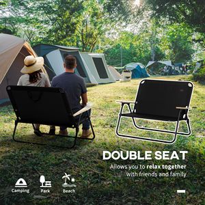 Sedia da Campeggio Portatile per 2 Persone con Braccioli in Legno e Portabicchieri per Spiaggia e Viaggi all'Aperto - Nera - Product Image 4