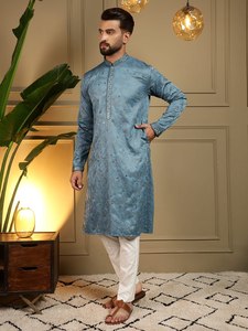 <b>Men's</b> Purple Silk <b>Kurta</b> With Glitter Print Regular Fit Ankle Length Traditional Indian Pakistani Wedding Wear - Product Image 4