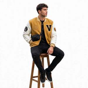 Whiteaura International <b>Men's</b> Yellow <b>Suede</b> Varsity <b>Jacket</b> Embroidered Letter V Patches Regular Fit Turn-down Collar Button - Product Image 6