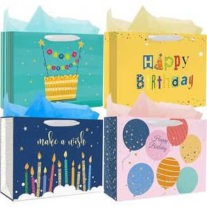 Confezione da 4 Sacchetti Regalo di Carta Extra Large per Compleanno con Manici e Carta Velina per Regali di Compleanno - Product Image 1