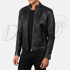 Veste de motard en cuir véritable noir de qualité supérieure pour hommes, coupe ajustée, col montant, fermeture éclair classique, manteau décontracté pour moto et streetwear - Product Image 1