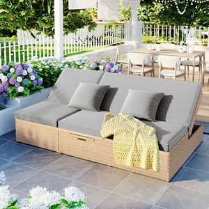Lettino Prendisole Doppio da Esterno in Rattan Intrecciato con Schienale Regolabile, Set Conversazione per 2 Persone, Sedie a Sdraio - Product Image 2