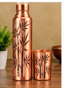 Handmade Copper Water <b>Bottle</b> and Cup Set with Lid Floral Pattern Portable Travel <b>Thermos</b> Drinkware - Product Image 3