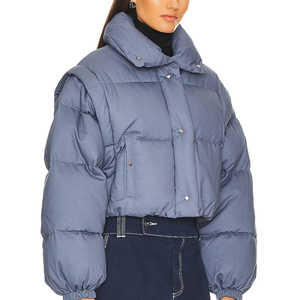 Wholesales Price <b>Women</b> Winter <b>Cropped</b> Blue <b>Puffer</b> <b>Jacket</b> Puff Sleeve Turn-Down Collar Front Pocket Quilted Winter Coat - Product Image 4
