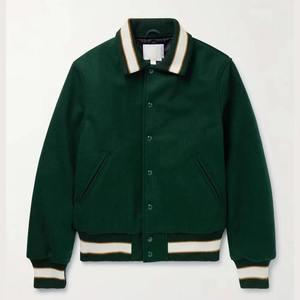 Chaqueta Varsity Verde para Hombre, Estilo Preppy, Cuello Camisero, Corte Regular, Color Sólido, Mezcla de Lana y Poliéster, para Otoño - Product Image 1