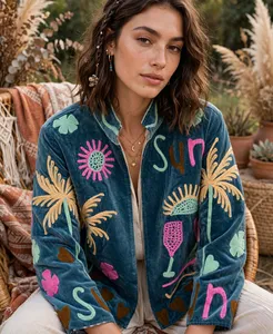 Chaqueta de terciopelo y algodón para mujer, color carbón, con bordado Suzani, hecha a mano, con motivos de palma, sol, corazón y flores, estilo bohemio étnico, abrigo de invierno, venta al por mayor - Product Image 6