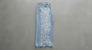 Custom Logo Ladies Stretch Light Wash <b>Embroidered</b> Floral Straight Leg <b>Jeans</b> with Frayed Hem Casual Wear - Product Image 2