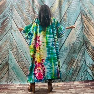 Tie Dye rayonne tissu Long Kimono Boho Style dame plage vacances d'été couvrir Sexy Resort porter femmes Kimono grande taille Kimono - Product Image 6