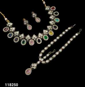 Women's <b>Gold</b> Plated Alloy Jewelry <b>Set</b> Blue Zircon Necklace Earrings Bracelet Classic Style Wedding Pearl Cut Bezel Setting - Product Image 1