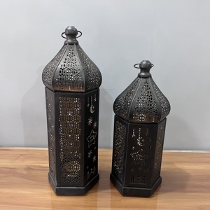 Artisan Design <b>Set</b> of 2 Iron Ramadan & Eid Islamic Moon Star Candle <b>Lanterns</b> for Home Table Decoration - Product Image 2