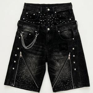 Pantalones Cortos Vaqueros Glory Personalizados con Bordado Desgastado y Pedrería, Nuevos y Modernos, de Corte Recto y Holgado, para Unisex, Estilo Urbano y Casual - Product Image 1