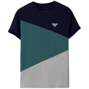Camiseta de Algodón para Hombre, Color Azul Marino y Verde Esmeralda, Diseño Geométrico con Bloques de Color, Cuello Redondo, Manga Corta, Estilo Casual, Deportivo, para Uso Diario en Verano - Product Image 1