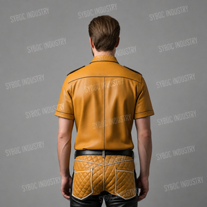 เสื้อหนังสีเหลืองมัสตาร์ด แขนสั้นสำหรับผู้ชาย กระดุมแป๊ก แต่งแถบผ้า หนังแกะ โทนสีเดียว เสื้อคลับแวร์ ปาร์ตี้ ลำลอง - Product Image 4